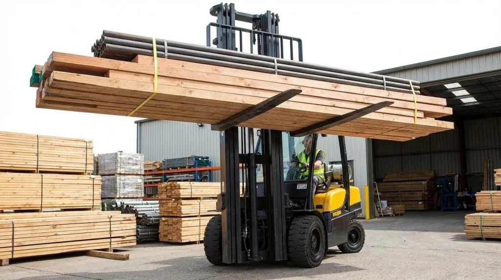 Forklift with fork extensions lifting long timber load in lumber yard material handling.