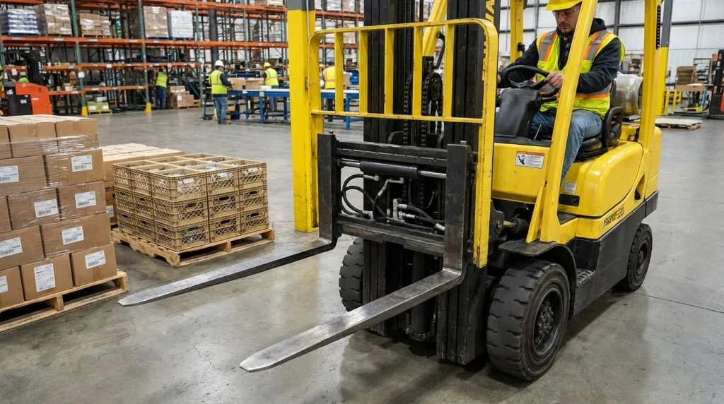 Forklift with fork positioner adjusting fork width to handle different pallet sizes in warehouse.