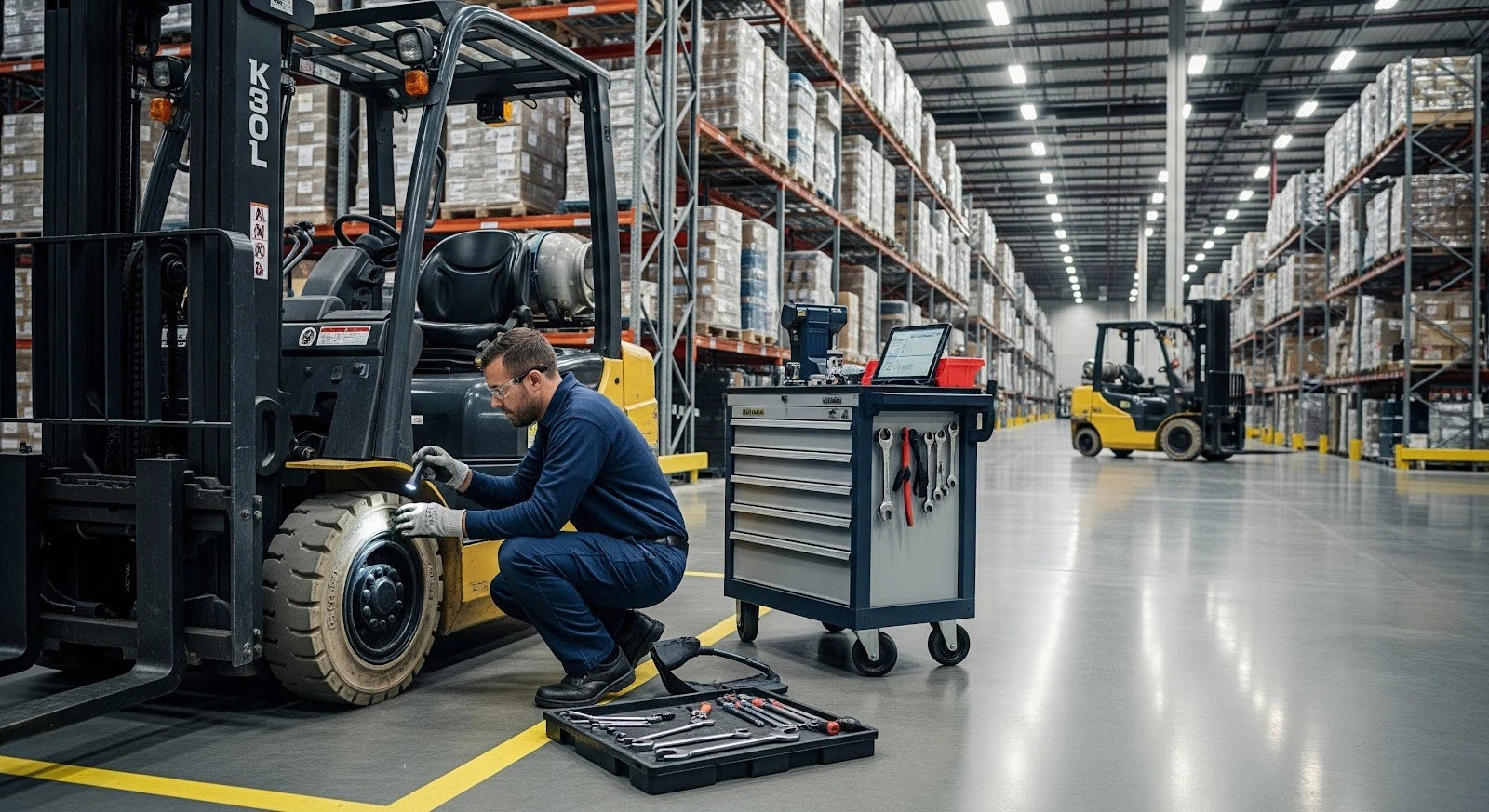 Technician performing forklift maintenance in warehouse to ensure safe and efficient forklift operation.