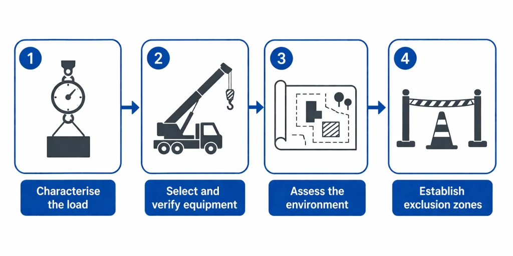Pre lift planning steps: load, equipment, environment, exclusion zone process diagram