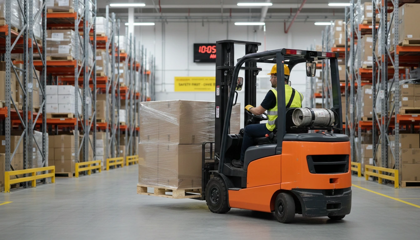 how to drive a forklift safely in warehouse moving pallet load with operator following proper handling procedures.