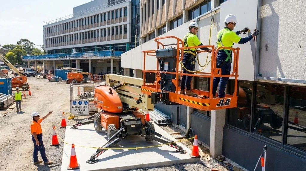 scissor lift operation in construction site with workers performing elevated work safely and efficiently.