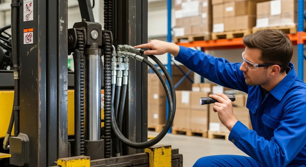 Technician inspecting forklift hydraulic system and hoses to maintain lifting performance and safety.