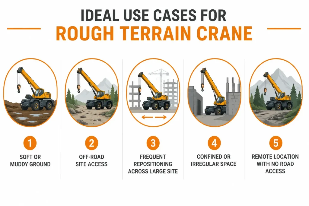 Rough terrain crane ideal use cases infographic for muddy ground and off-road access