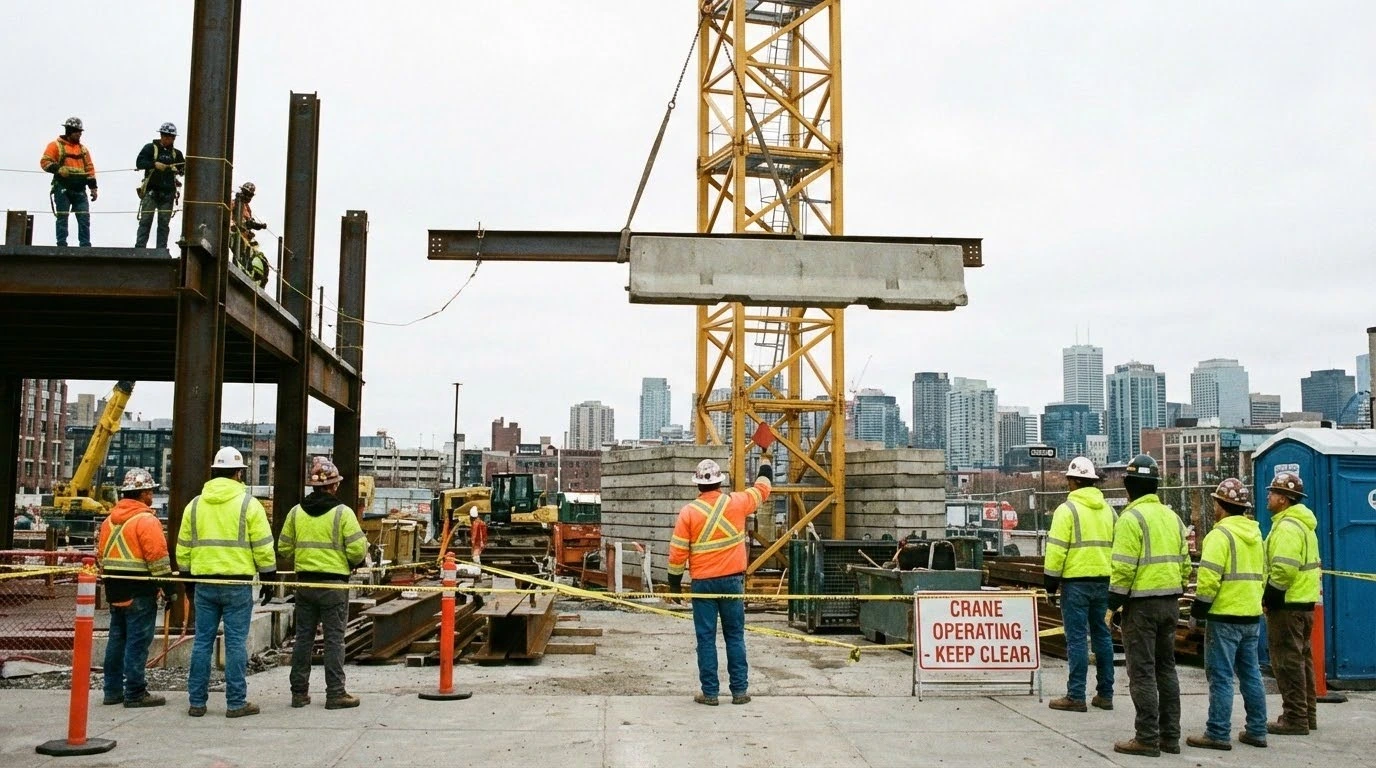 lifting equipment safety on construction site with crane operation and workers managing heavy load lifting.