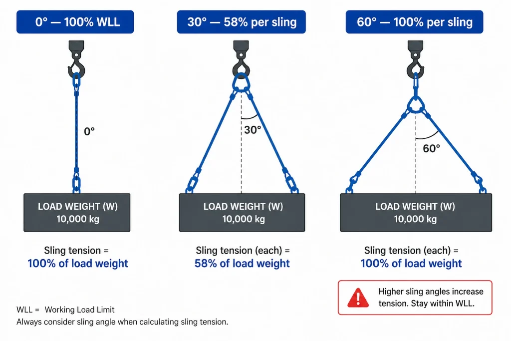 Sling angle lifting diagram showing 0, 30, 60 degree tension and WLL load distribution