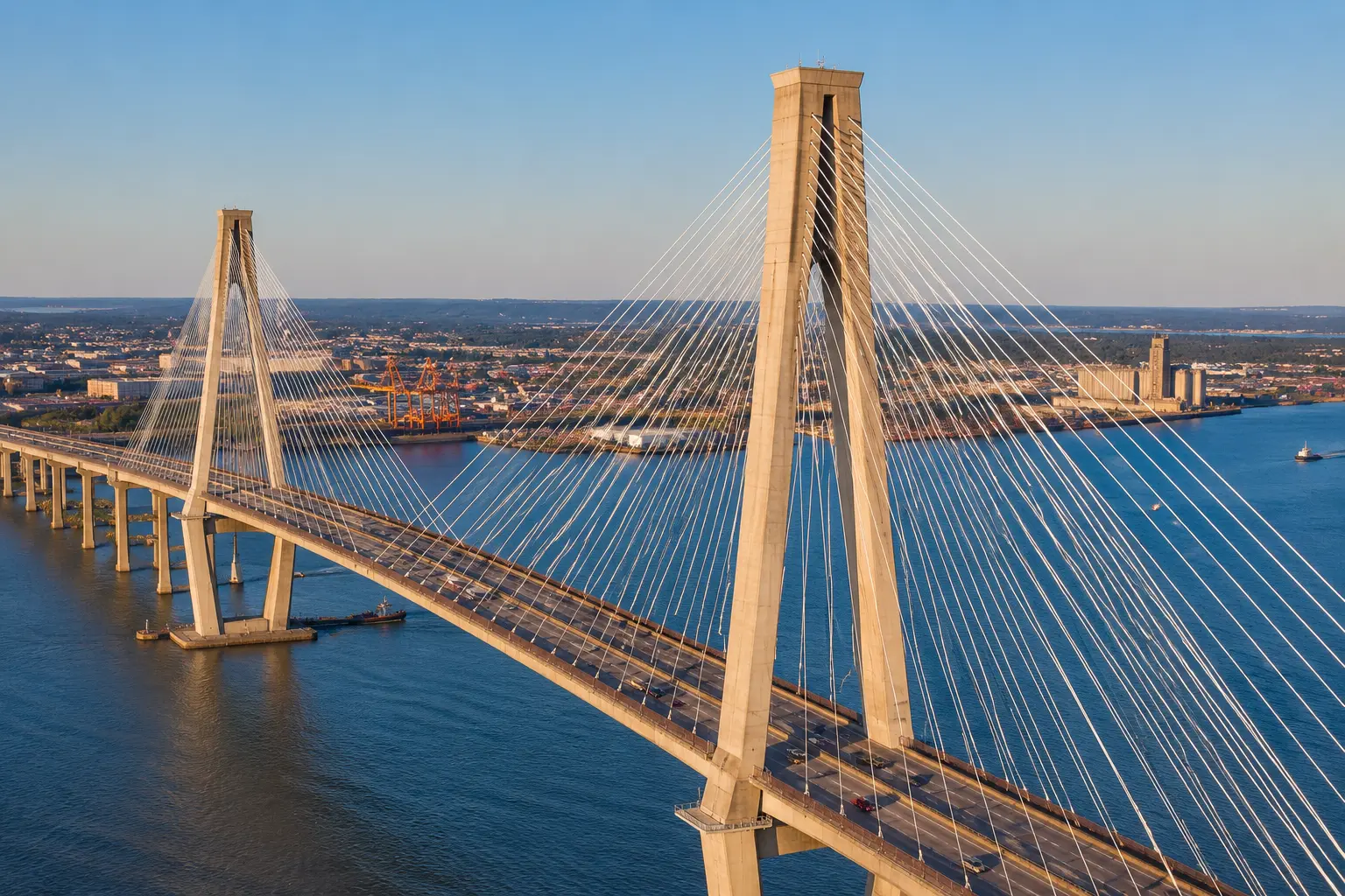 Cable-stayed bridge spanning river with tower cables and traffic in urban waterfront setting