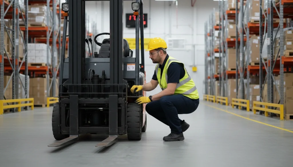 forklift pre operation inspection with worker checking forks and safety condition before use in warehouse.