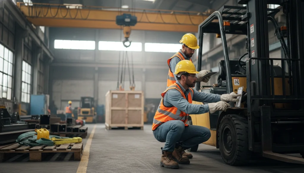 lifting equipment safety inspection workers checking forklift before operation to ensure safe material handling.