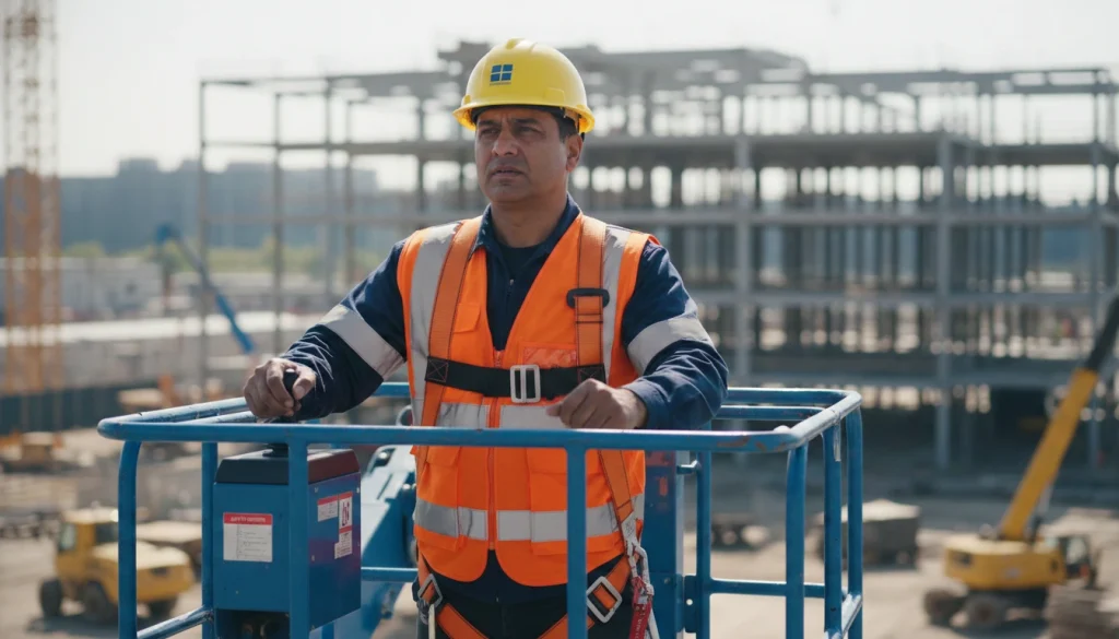 aerial lift safety tips with worker using safety gear on elevated platform in construction site environment.