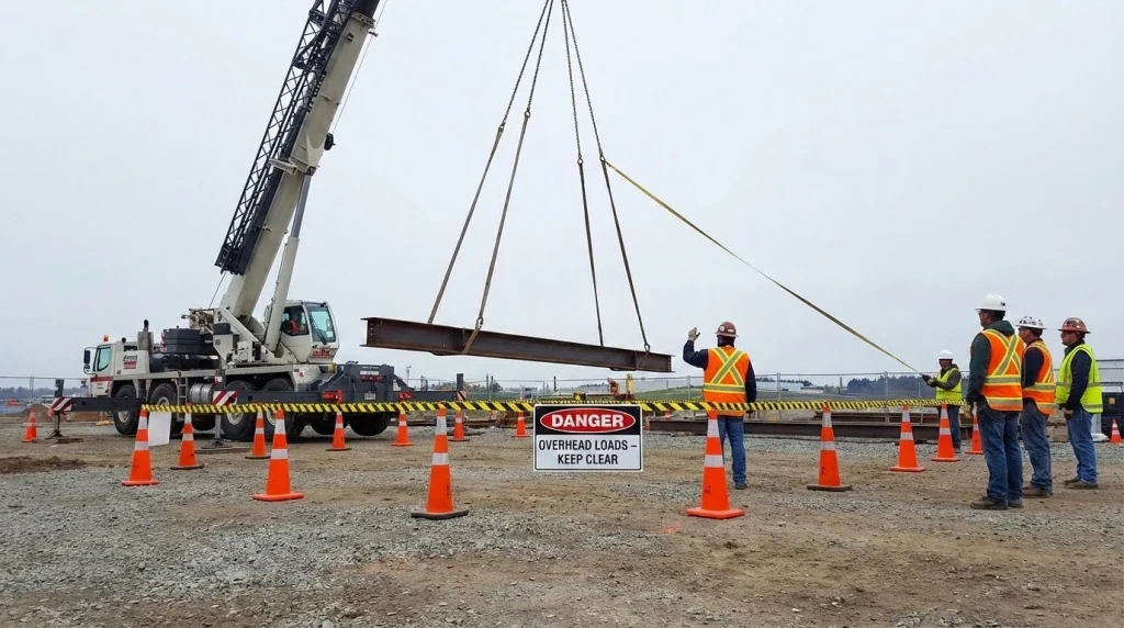 lifting equipment safety zone with crane lifting operation and barriers securing construction work area.