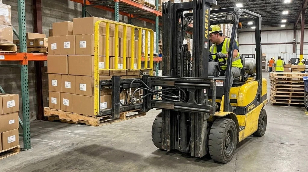 Forklift with side shifter moving pallet sideways for precise load positioning in warehouse.