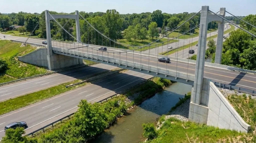 Suspension bridge with cables and towers spanning long distance for major transportation infrastructure.