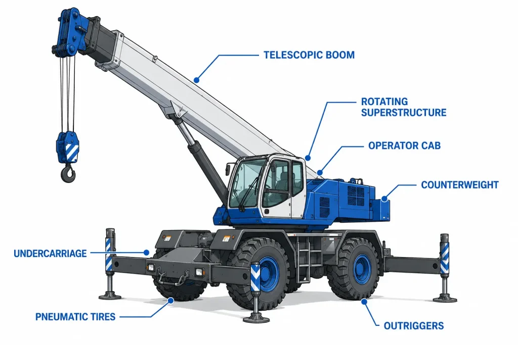 Rough terrain crane diagram showing outriggers, telescopic boom and pneumatic tyres