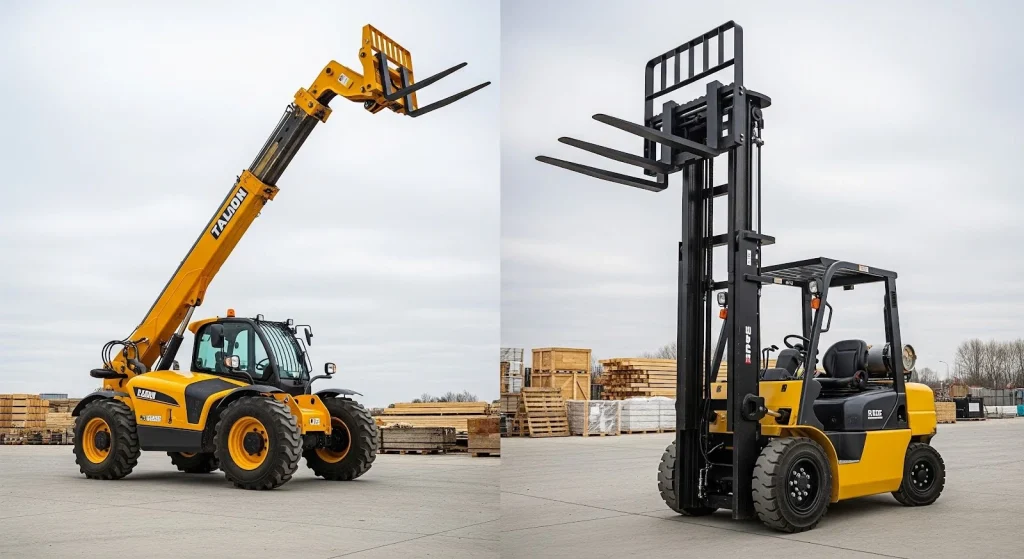 Telehandler vs forklift comparison showing material handling equipment used in construction and warehouse operations.