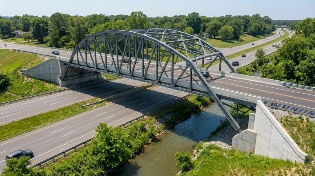 Truss bridge with steel framework supporting roadway for durable and efficient bridge construction.
