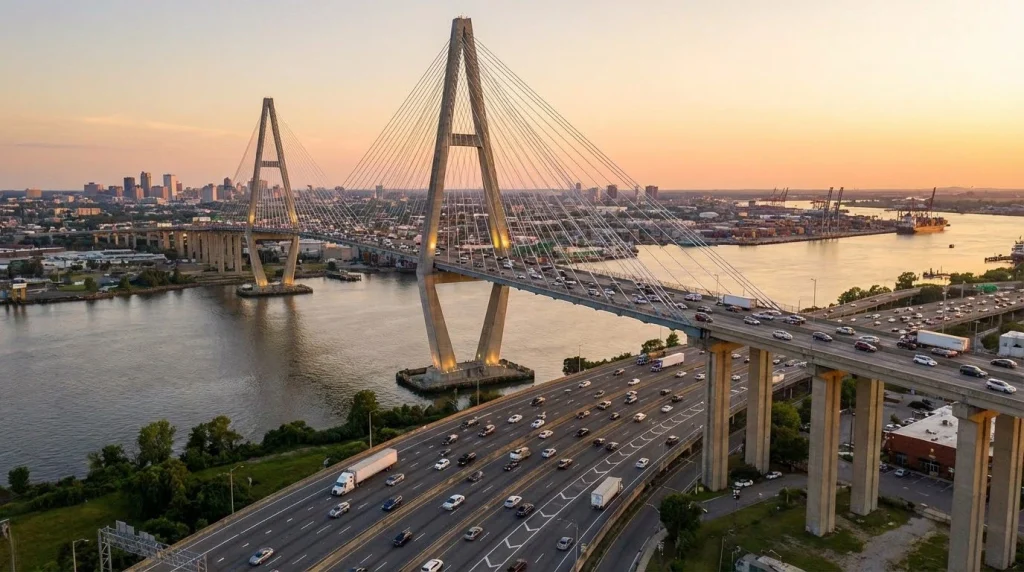 Cable-stayed bridge over river with highway traffic showcasing modern bridge design and infrastructure engineering.