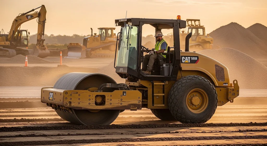 Road roller compactor compacting soil at construction site for stable road foundation.