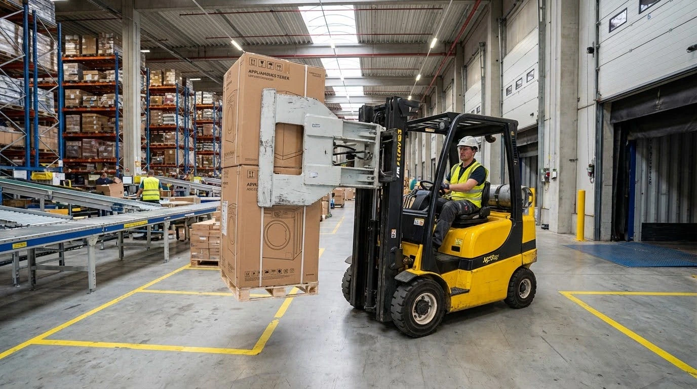 Forklift using material handling attachment lifting large box in warehouse logistics operation.