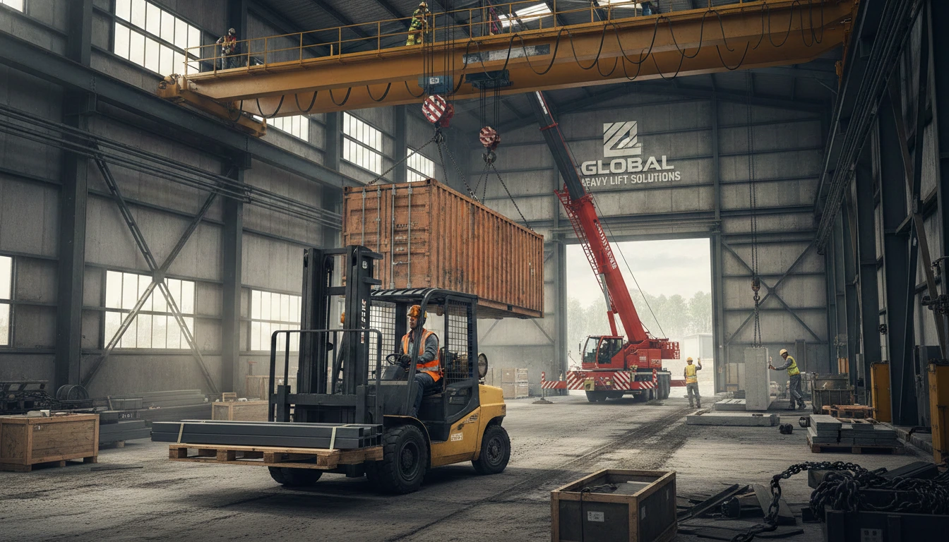 types of lifting equipment forklift and overhead crane lifting heavy loads in warehouse for material handling.