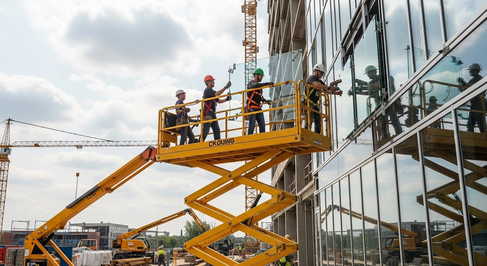 Scissor lift platform for construction workers installing glass facade at building site.