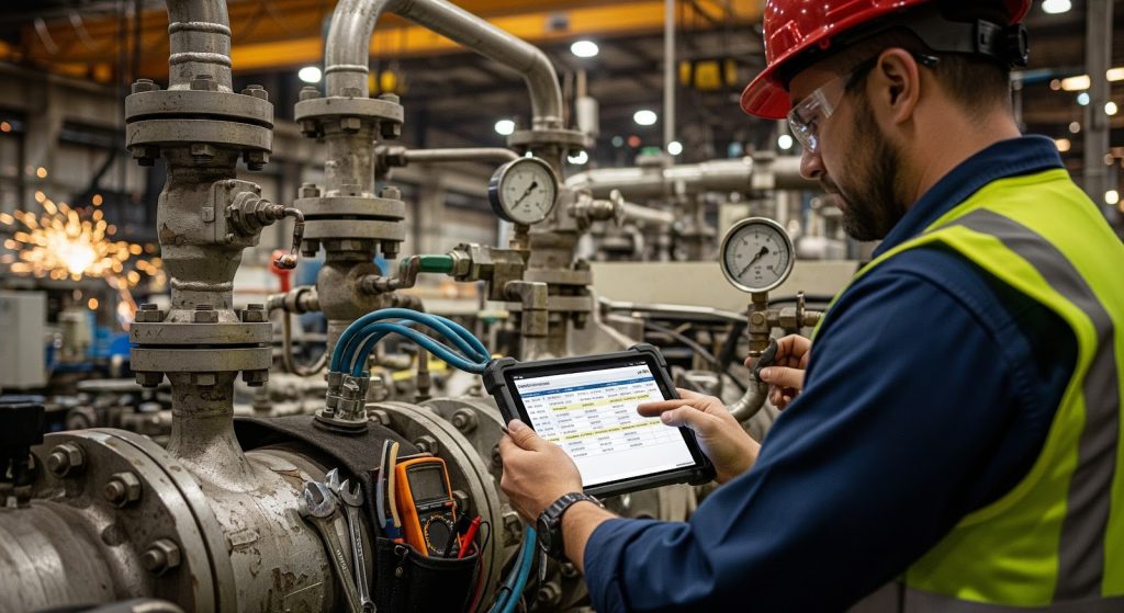 Technician reviewing a preventive maintenance schedule while inspecting industrial equipment.