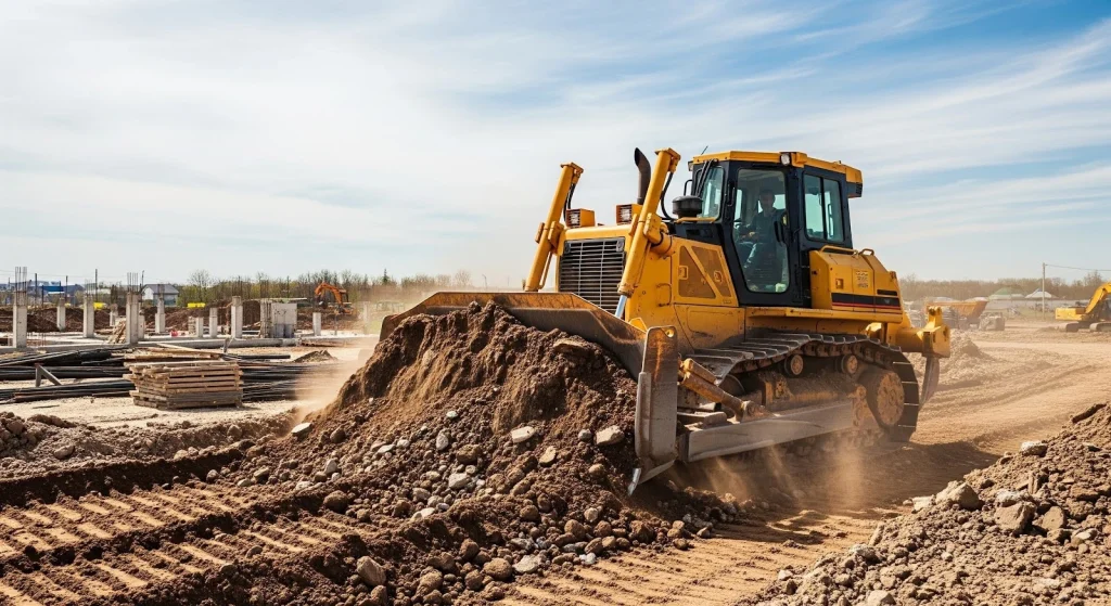 Bulldozer pushing soil with front blade during land clearing and road construction project.