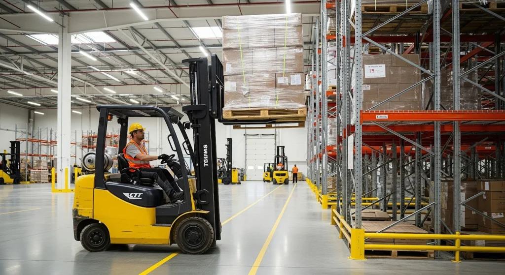 Forklift moving palletized goods inside warehouse for material handling and logistics operations.
