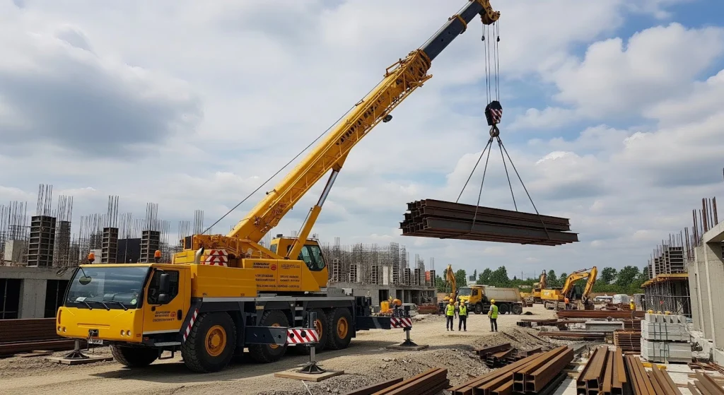 Mobile crane lifting steel materials on construction site with telescopic boom.