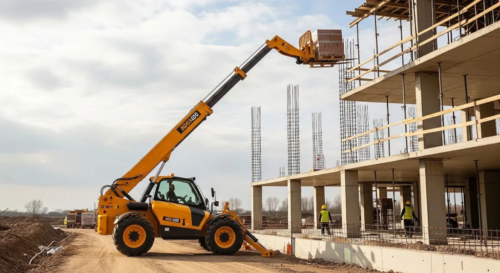 Telehandler lifting materials to upper floor on construction site using telescopic boom.