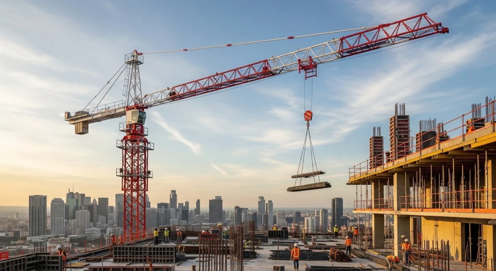 Tower crane lifting construction materials on high-rise building project site.