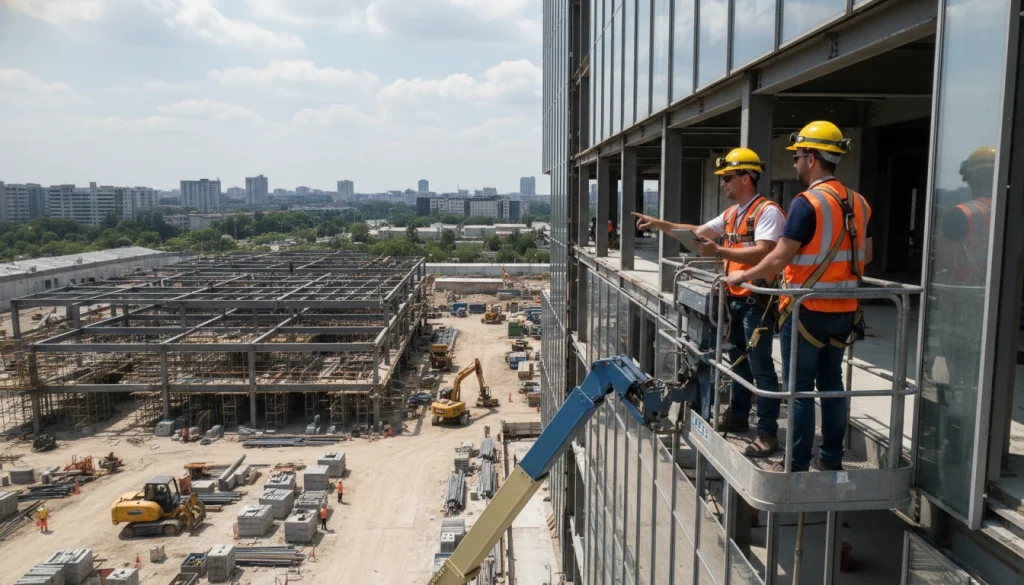 aerial lift used in construction workers operating boom lift platform at building site safely.