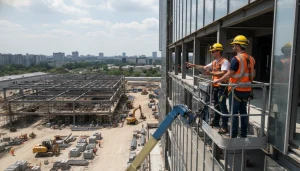 aerial lift used in construction workers operating boom lift platform at building site safely.