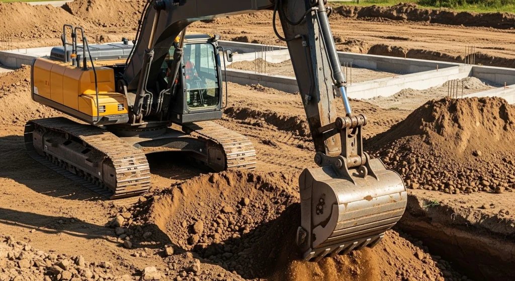 Hydraulic excavator digging soil with bucket for foundation excavation and construction work.