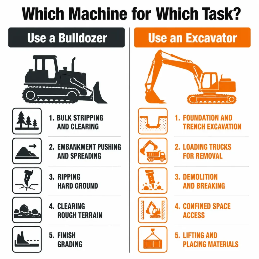 Infographic comparing bulldozer and excavator tasks with icons on a split white background.