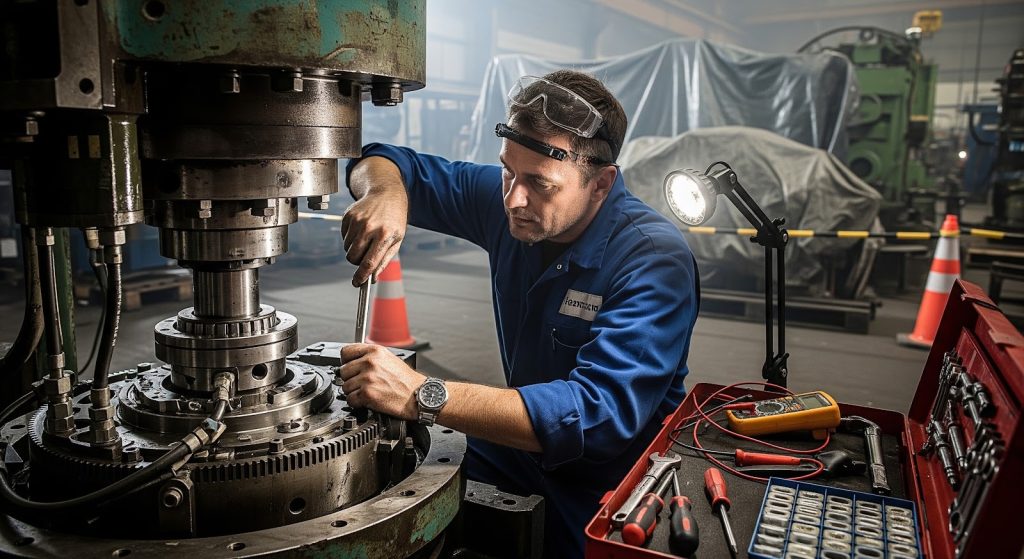 Industrial machine monitored with sensors and AI predictive maintenance dashboard.
