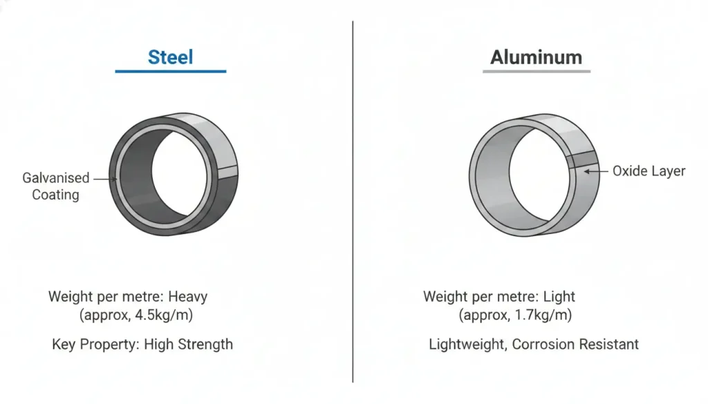 Steel vs aluminum scaffolding material properties showing weight strength and corrosion resistance differences