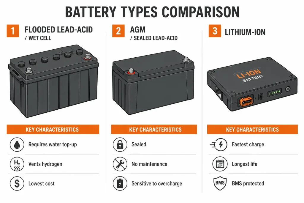 Scissor lift battery types comparison showing flooded lead-acid AGM and lithium-ion