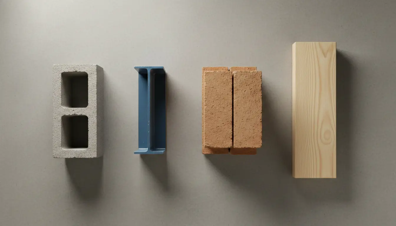 building materials for house construction including concrete block steel brick and timber comparison