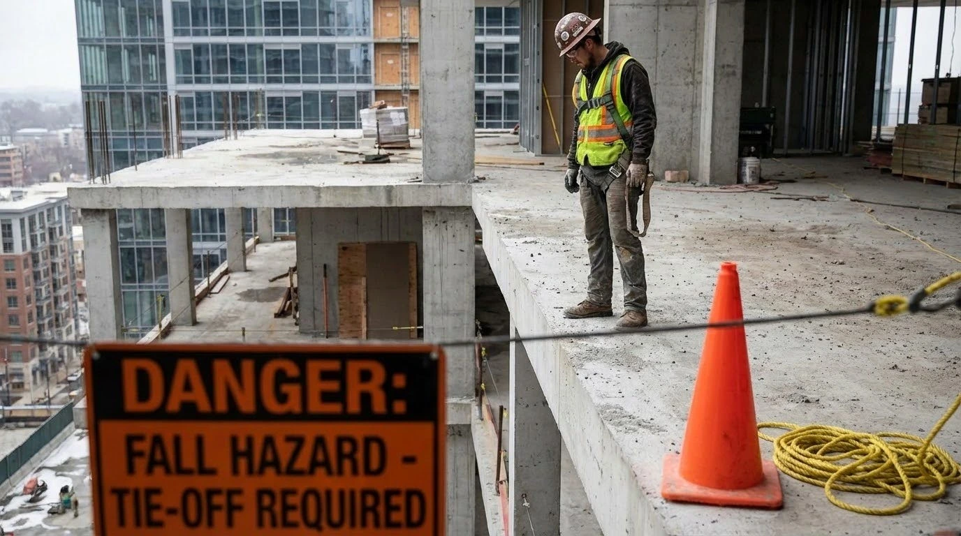 Construction worker near unprotected edge with fall hazard sign highlighting working at height risks and safety awareness.