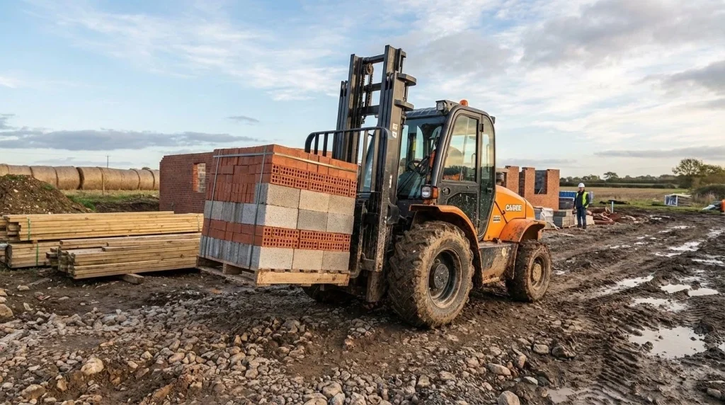 Rough terrain forklift transporting construction materials on rugged outdoor job site with uneven surface.