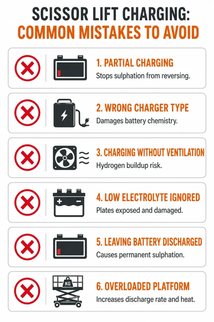 Scissor lift charging mistakes infographic showing battery and ventilation safety risks