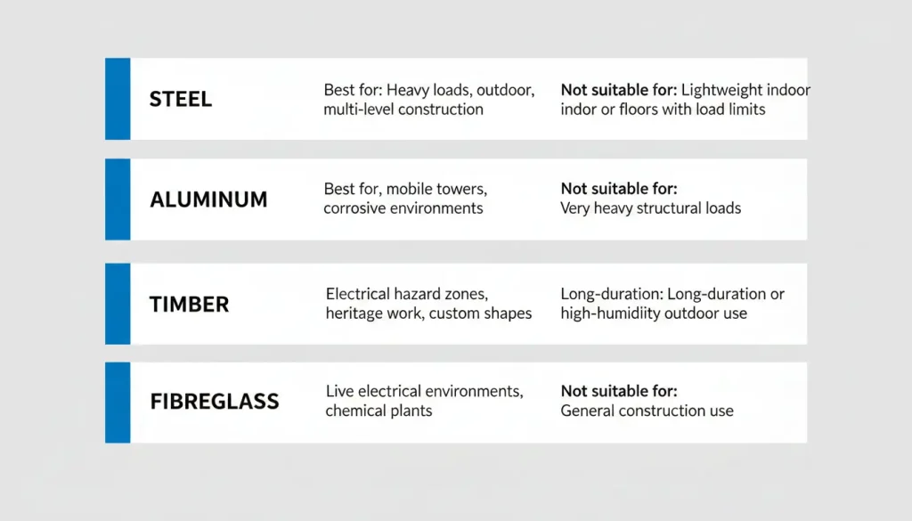 Scaffolding materials summary steel aluminum timber fiberglass best use cases and limitations in construction