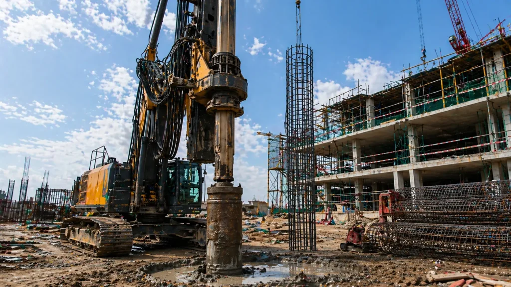 Hydraulic piling rig drilling bored pile with reinforcement cages on construction site