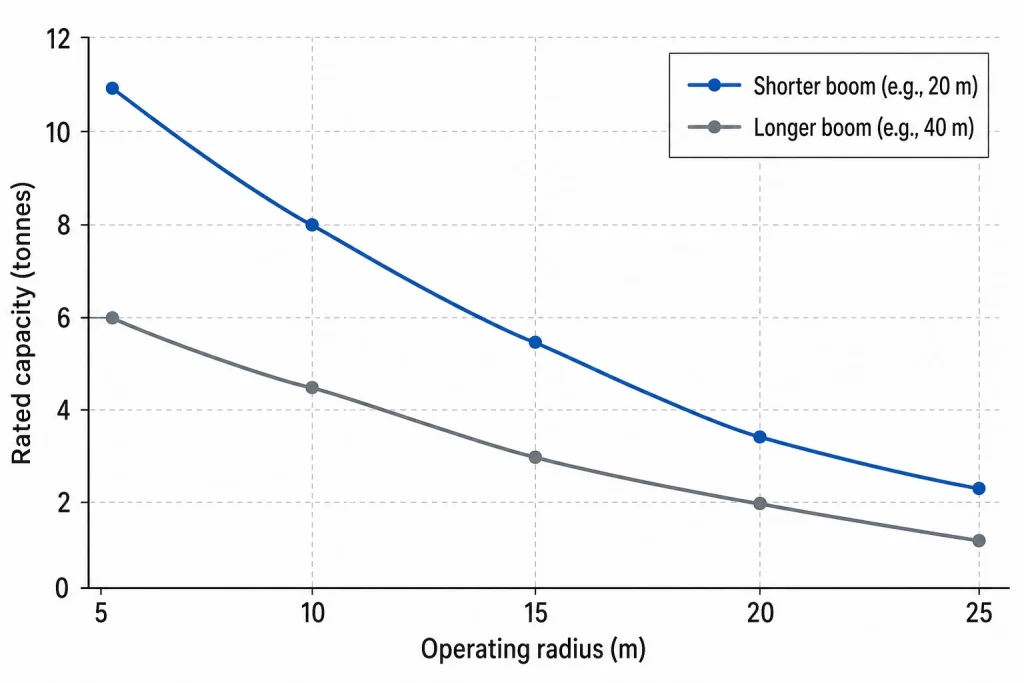 Crane capacity vs radius chart comparing short and long boom lifting performance curves
