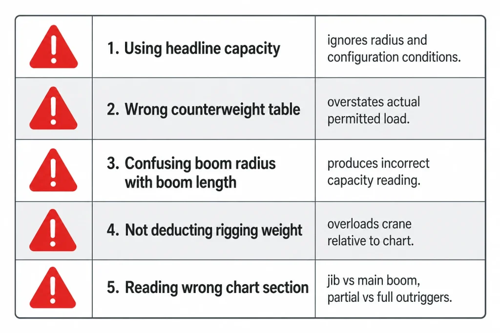 Crane load chart mistakes: wrong radius, counterweight, rigging weight and chart section errors