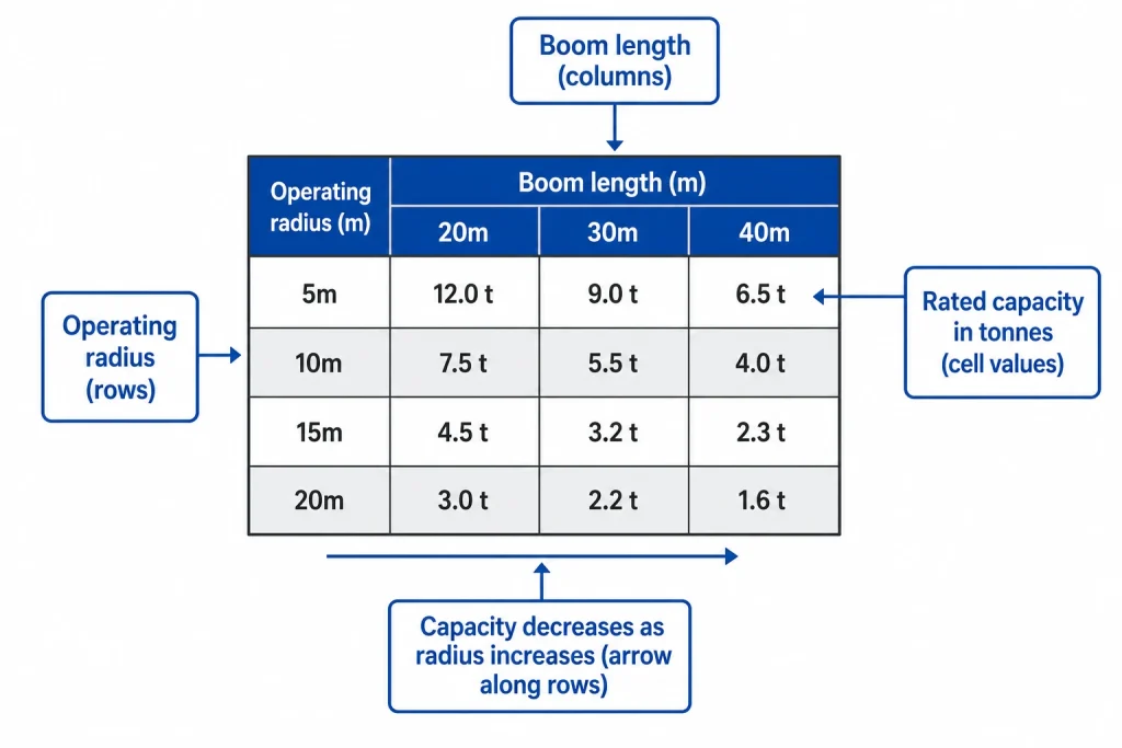 Crane load chart diagram showing operating radius, boom length and rated lifting capacity table