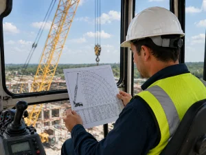 Crane operator in cab reading load chart with boom and construction site in background