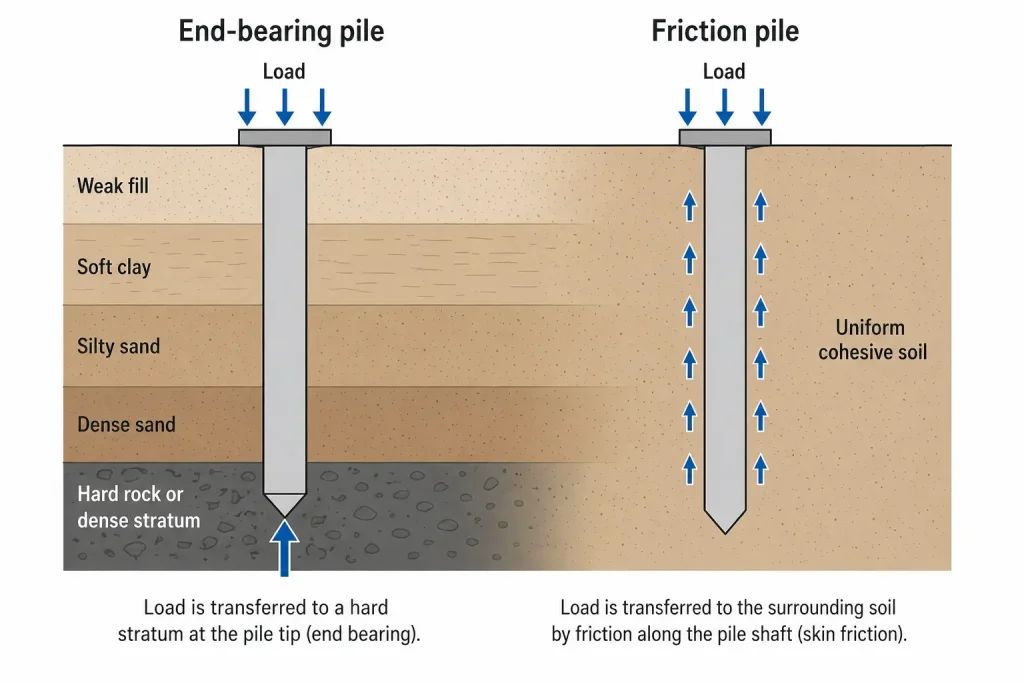 End bearing vs friction pile diagram showing load transfer in soil layers and pile shaft friction