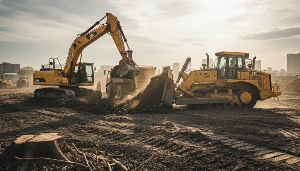 Excavation process in construction using excavator and bulldozer to remove soil for foundations and site preparation.